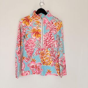 Lilly Pulitzer Sweatshirt Womens XS Blue Pink Floral Skipper Popover Half Zip